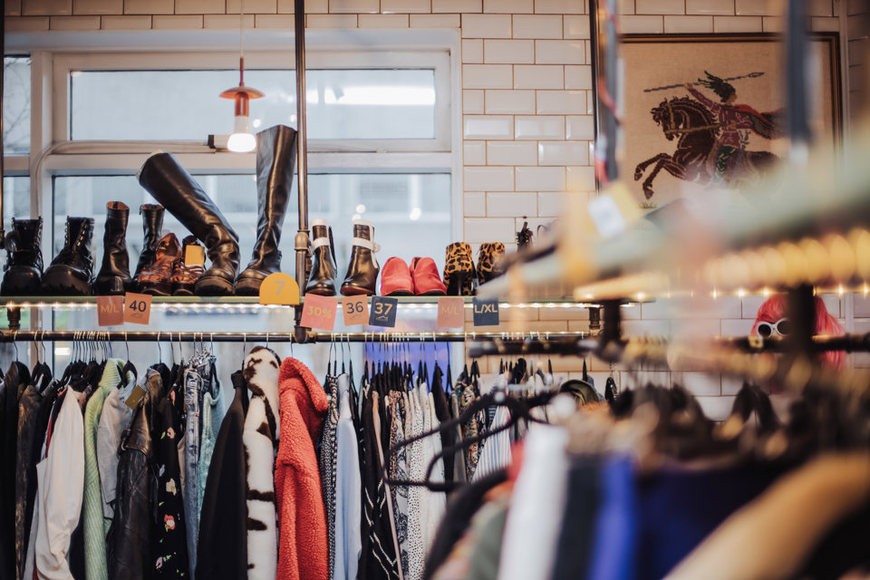 Clothes in the vintage clothing store Hringekjan