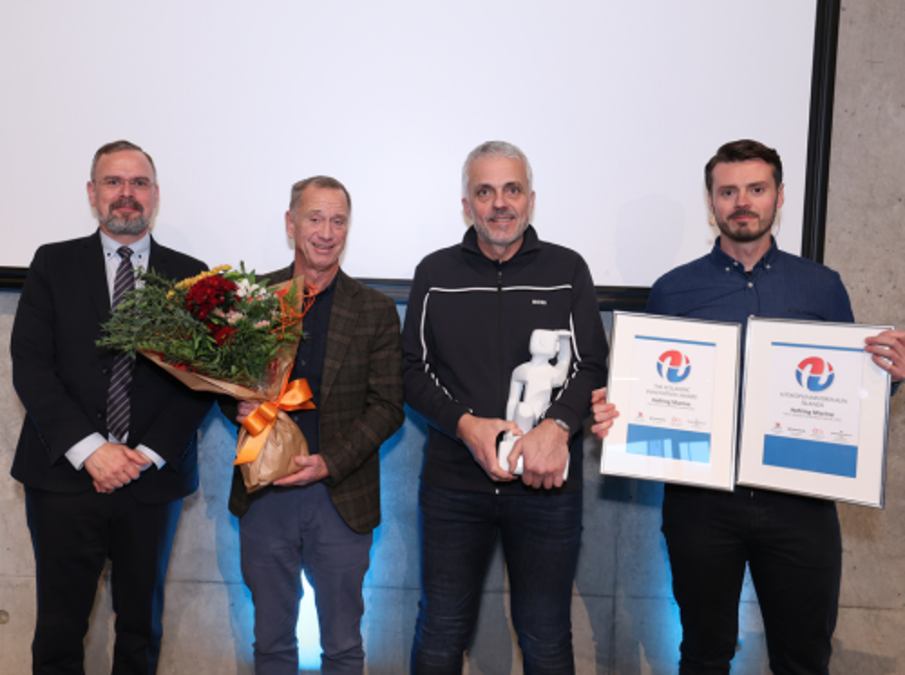 From the presentation of the Icelandic Innovation Award: Daði Már Kristófersson, Minister of Finance and Economic Affairs, with the founders of Hefring Marine: Magnús Þór Jónsson, Björn Jónsson, and Karl Birgir Björnsson. Photo: Sigurjón Ragnar.