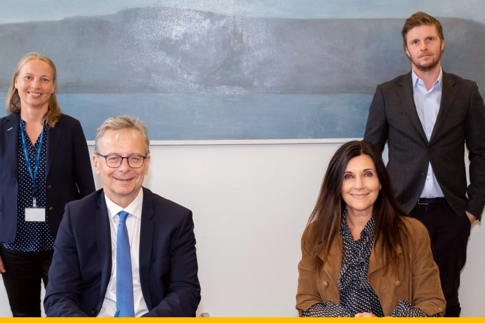 Frá vinstri: Ólöf Ragnarsdóttir, deildarstjóri nýsköpunar hjá Háskóla Íslands, Jón Atli Benediktsson, rektor Háskóla Íslands, Borghildur Erlingsdóttir, forstjóri Hugverkastofunnar, Jón Gunnarsson, samskiptastjóri Hugverkastofunnar