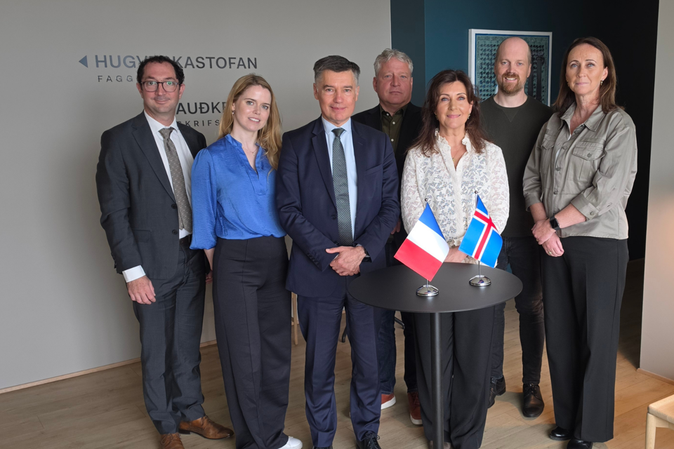 Jérémie Fenichel, Executive Director for Intellectual Property Rights and International Affairs at the INPI; Sandra Theódóra Árnadóttir, Head of Legal Affairs; Pascal Faure, Director General of the INPI; Eiríkur Sigurðsson, Head of Communications; Borghildur Erlingsdóttir, Director General of the ISIPO; Pétur Vilhjálmsson, Digital Leader; and Elfa Íshólm Ólafsdóttir, Head of Finance and Operations/Deputy Director General